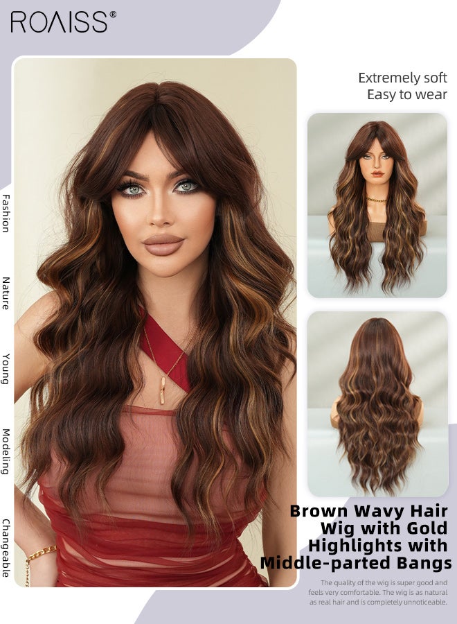 roaiss Brown Wavy Hair Wig with Gold Highlights Wavy Hair Wig, Women's Middle Parting Natural Soft Synthetic Heat Resistant Hair Wig for Wedding Cosplay Party Daily Use, 67cm (26 inches) - Image 1